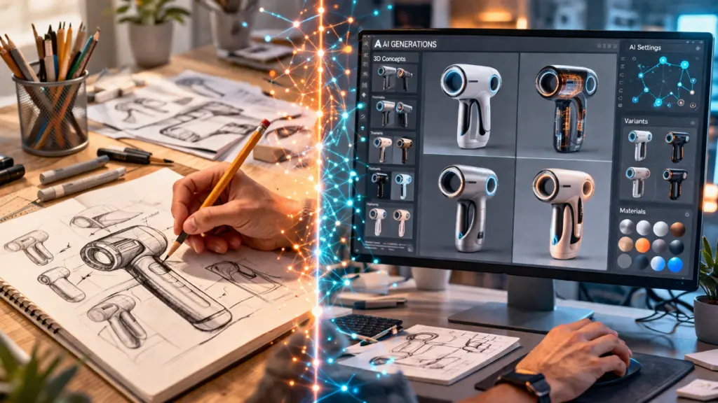 Hand sketching a product design beside a computer showing multiple AI-generated 3D concepts, highlighting the blend of traditional and Generative AI-assisted design