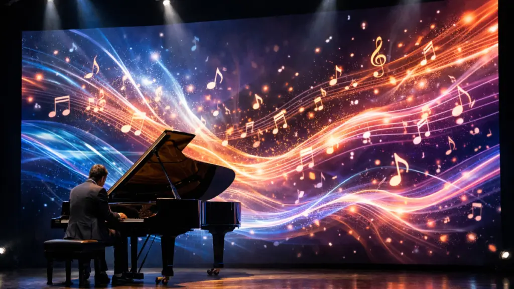 Pianist performing on stage with dynamic AI-generated visuals of flowing musical notes and light patterns reacting in real time