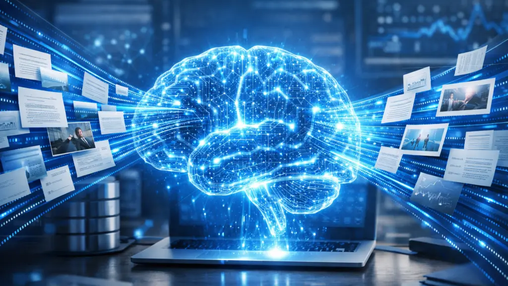 Digital brain visualization with flowing documents and data streams representing knowledge layer of a personal digital twin