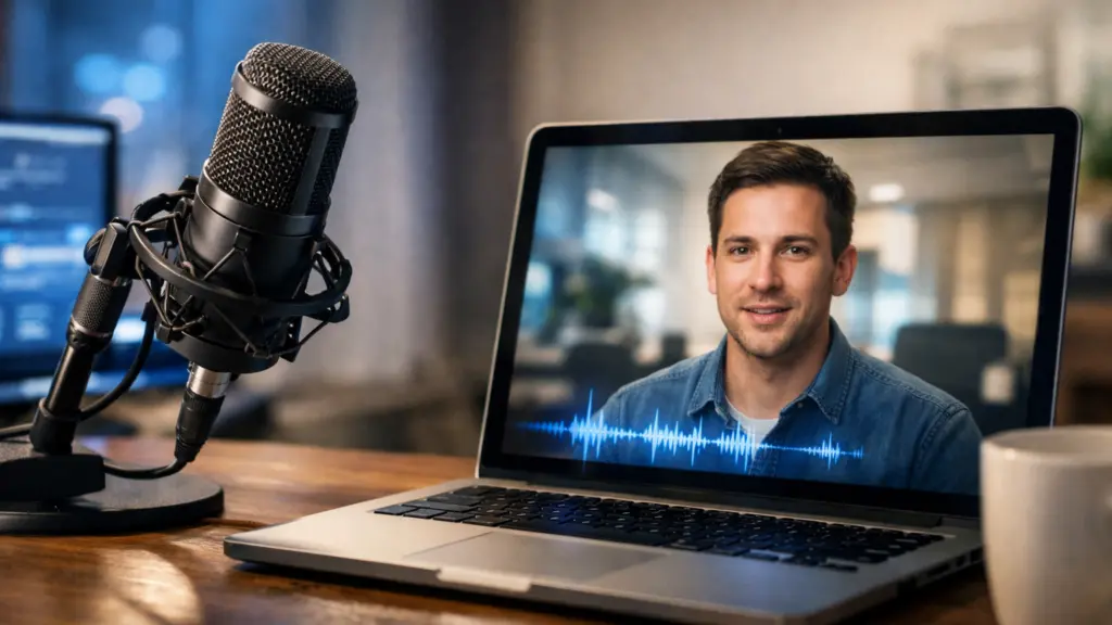 Microphone and laptop displaying AI avatar with waveform illustrating voice cloning technology in digital twin creation