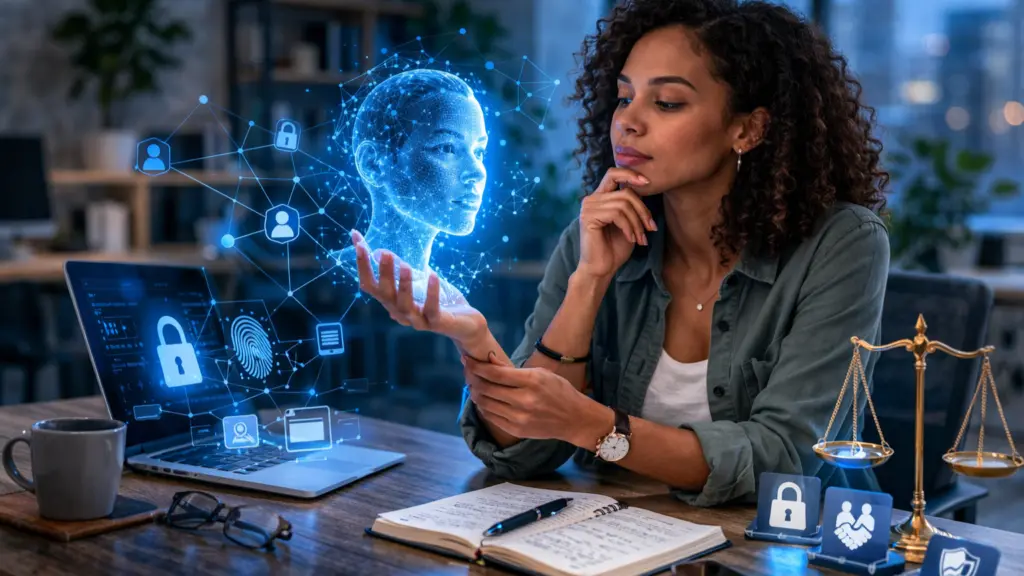 Person reflecting on holographic digital identity with privacy and security icons representing ethical challenges of AI digital twins
