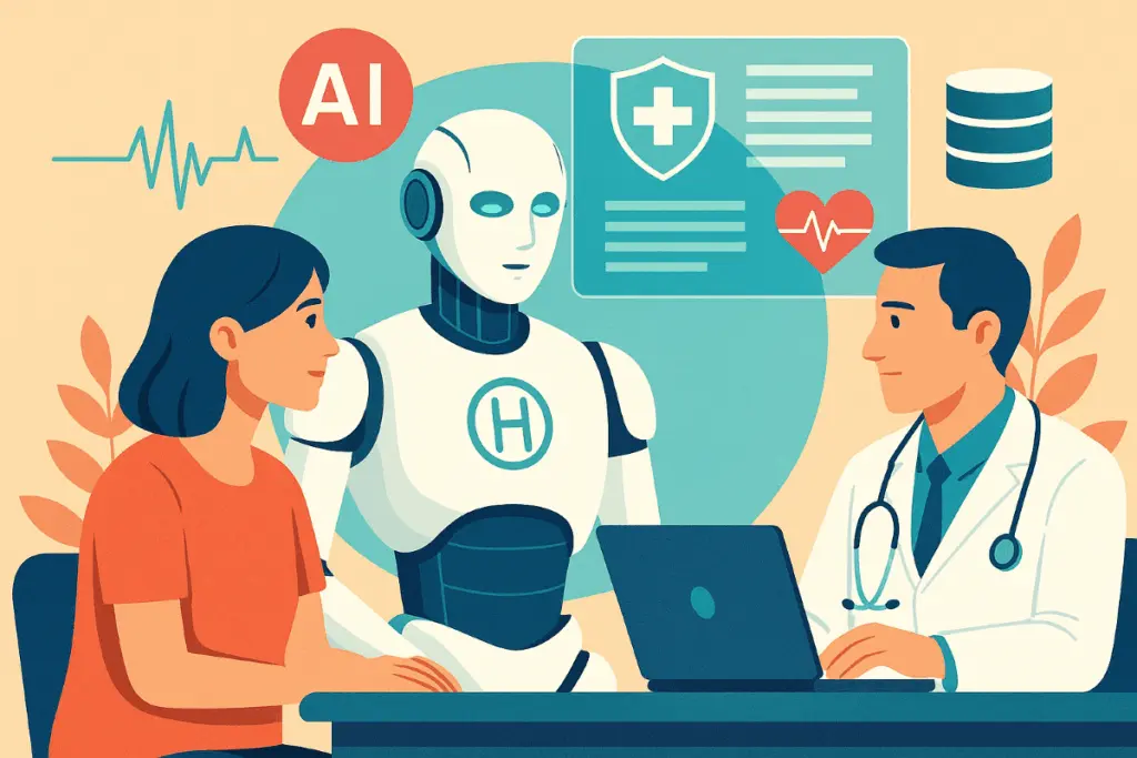 A robot with an "H" on its chest and a woman sit opposite a doctor with a stethoscope, with healthcare and AI icons in the background