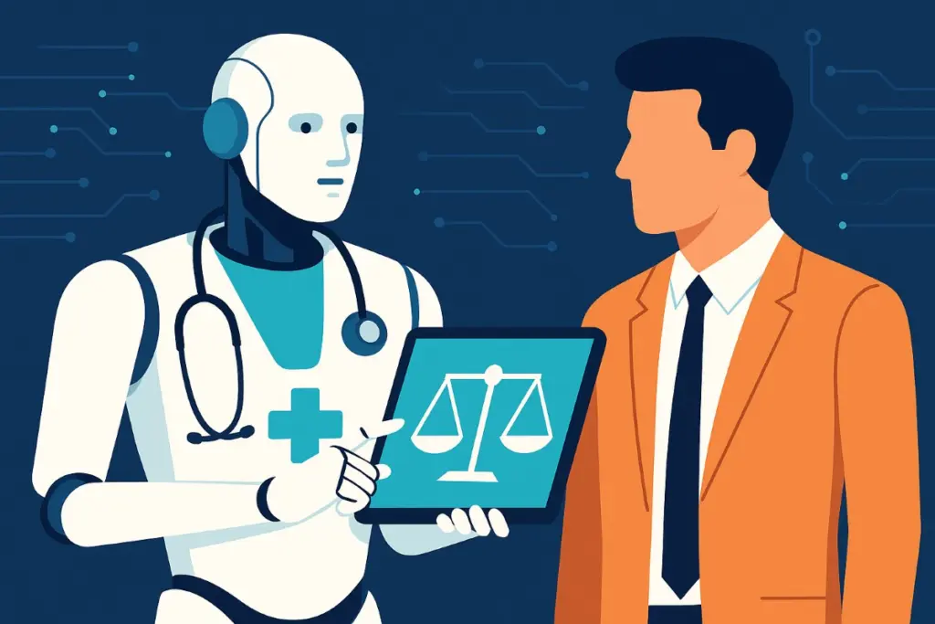A robot doctor with a stethoscope shows a tablet with a justice scale to a man in a suit