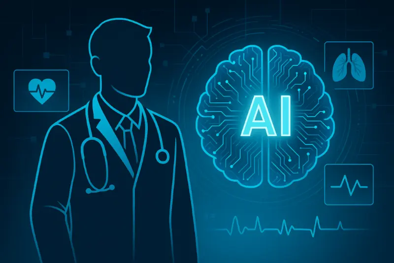 Futuristic illustration of a doctor silhouette beside a glowing digital brain labeled AI with medical icons like heartbeat and lungs representing artificial intelligence transforming healthcare and medical innovation