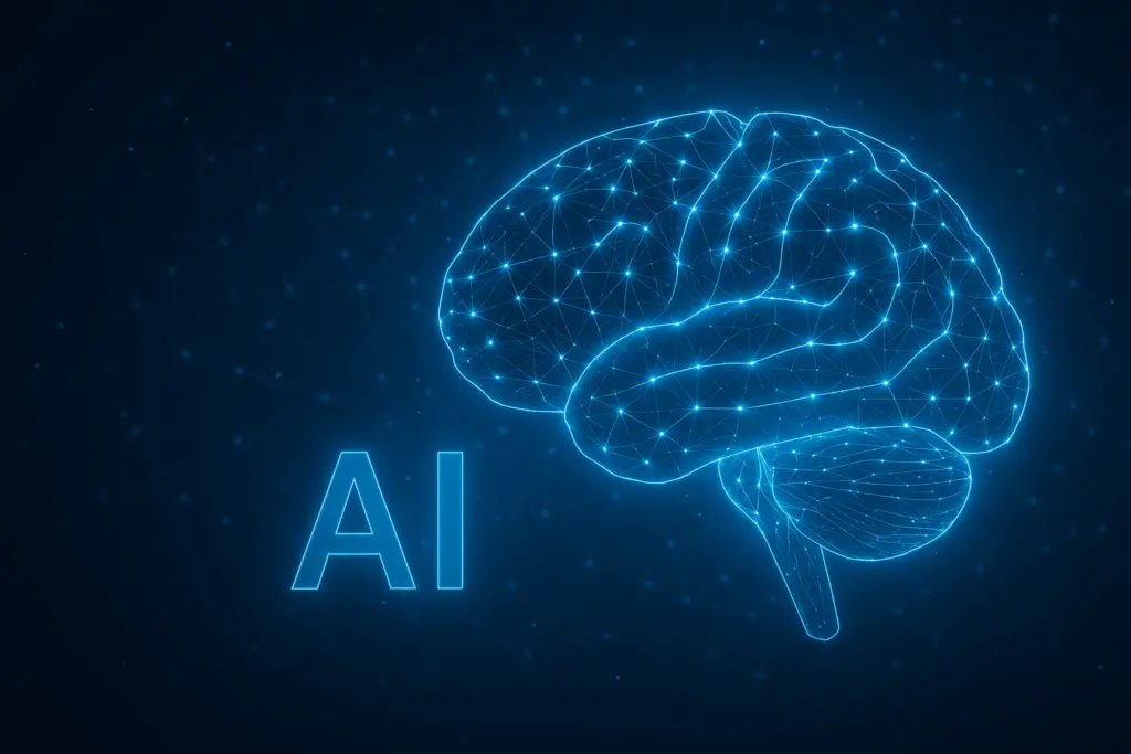 Glowing blue digital wireframe of a human brain with connected nodes and the letters "AI" on a dark background