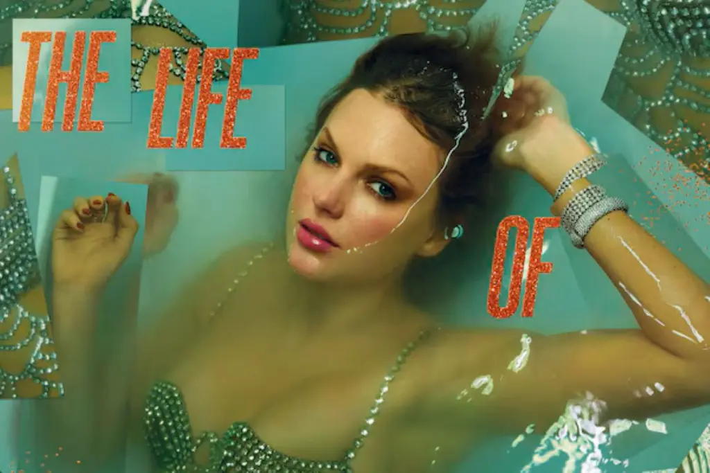 A woman with blue eyes and pink lipstick lies in water wearing a beaded outfit and sparkly bracelets, surrounded by fragmented text