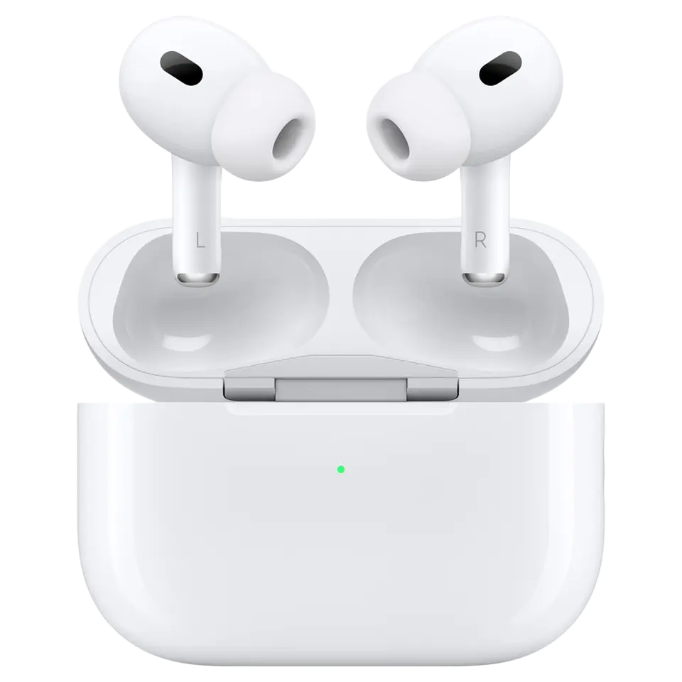 White wireless earbuds resting upright in an open charging case with a small green indicator light on the front