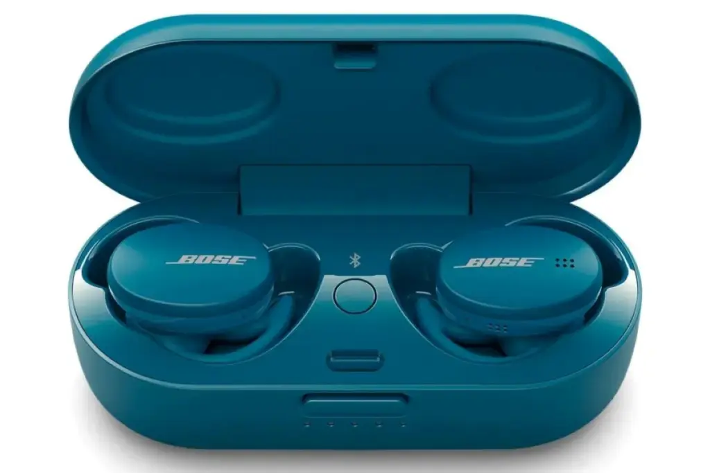 Compact blue wireless earbuds in an open charging case with Bose branding and a Bluetooth symbol on the inside