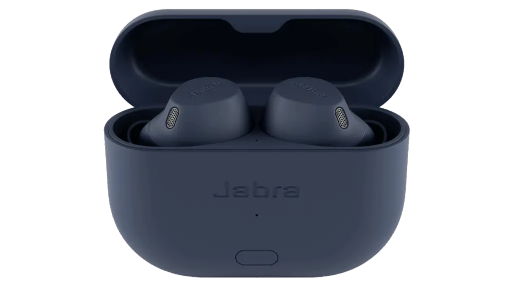 Compact dark blue true wireless earbuds resting in an open matching charging case with visible speaker grilles