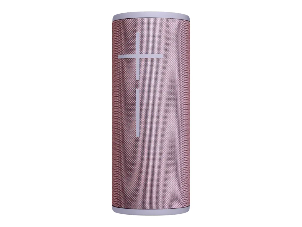 Tall cylindrical portable speaker with a pink mesh exterior and large volume control buttons in gray
