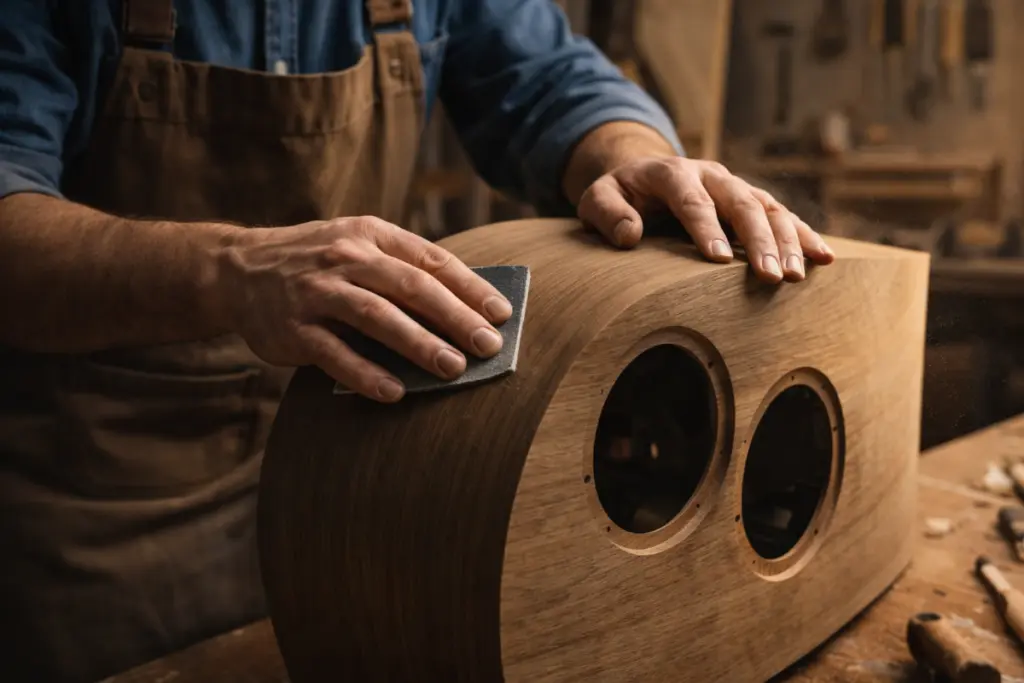 A craftsman sanding the curved wooden casing of a high-end audio speaker in a workshop
