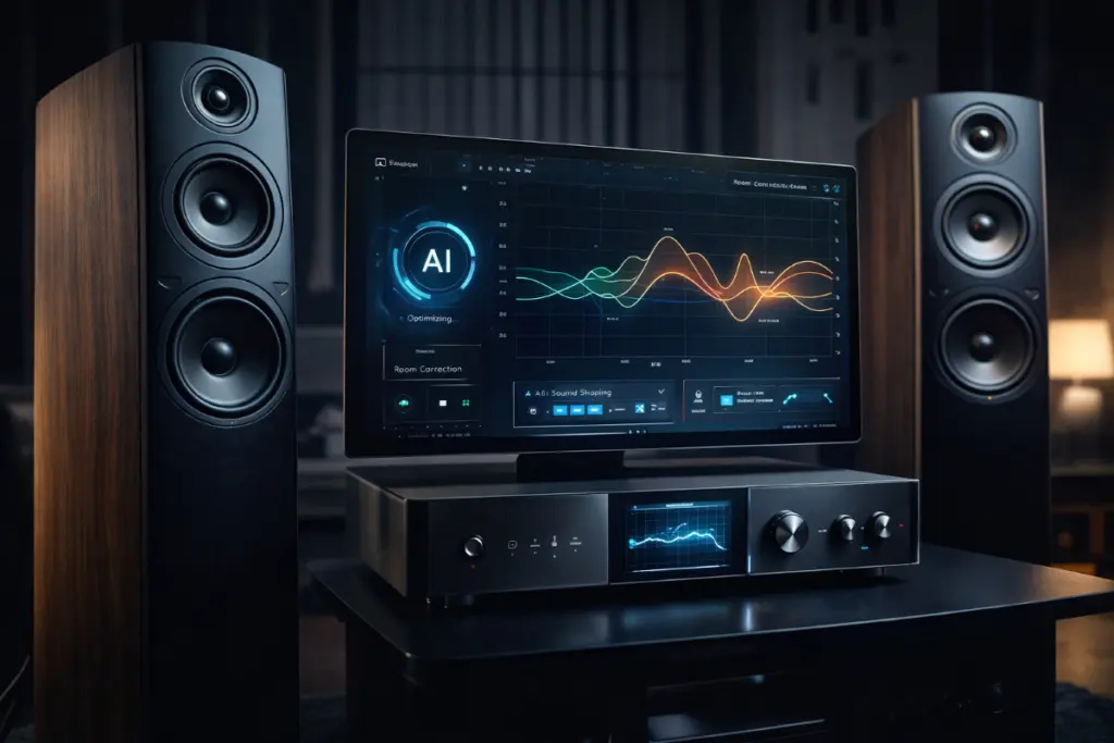High-end audio setup with wooden floor-standing speakers, a digital amplifier, and a screen showing AI-driven sound optimization graphs