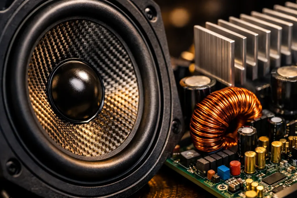 Close-up of a high-end speaker driver with a carbon fiber cone next to electronic components on a circuit board