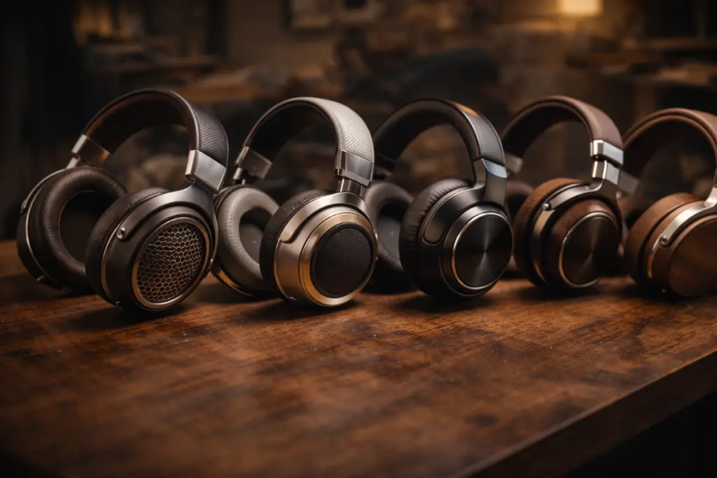 Five pairs of premium over-ear headphones in various designs and materials, arranged on a wooden surface in warm lighting