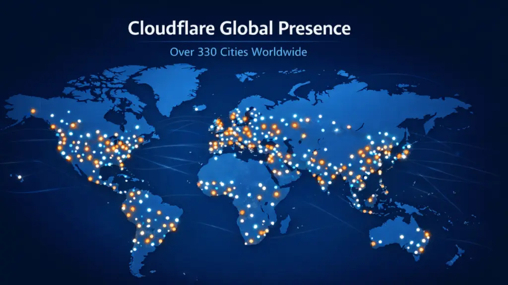World map showing Cloudflare global network presence with distributed edge nodes across major regions