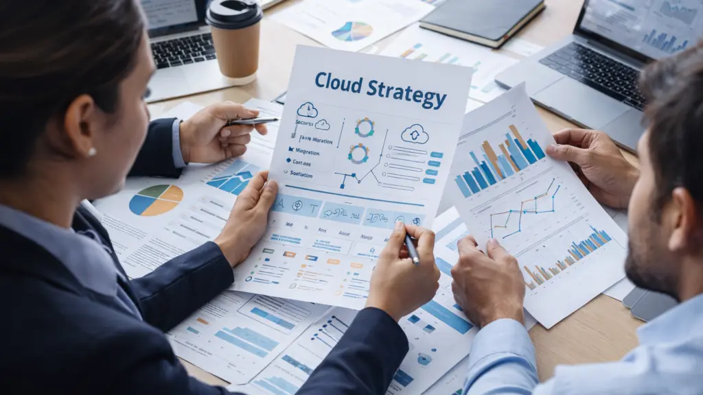 Business team reviewing cloud strategy performance charts and infrastructure growth projections during digital transformation planning