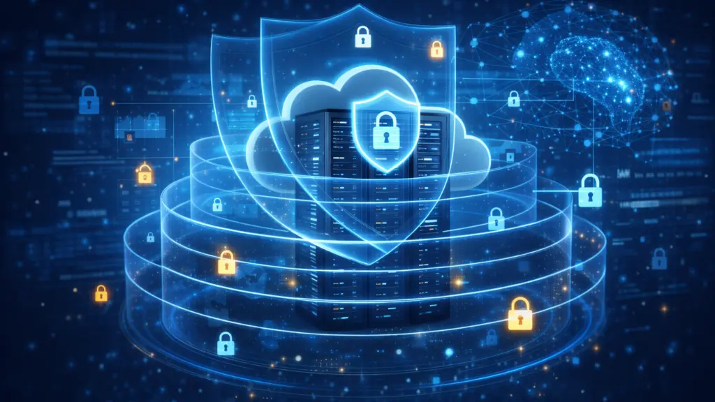 Cloud infrastructure protected by layered cybersecurity shield illustrating reliability, efficiency and secure network architecture