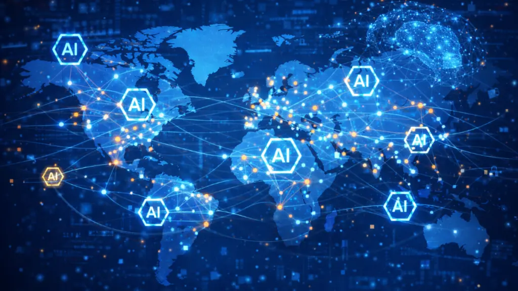 Global AI infrastructure map with distributed intelligent network nodes representing emerging agentic internet trends