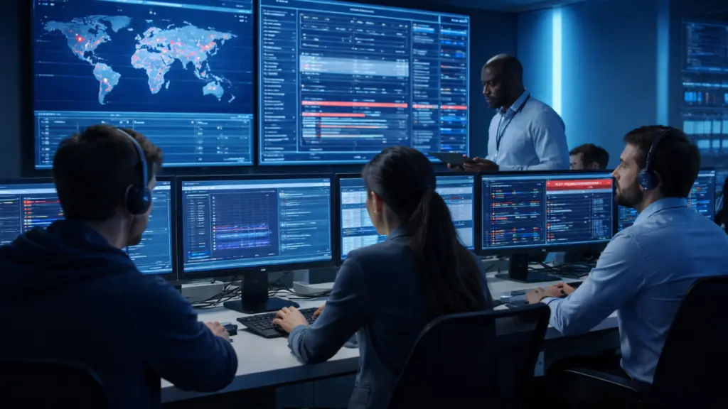 Global network operations center monitoring real-time traffic dashboards and infrastructure performance during cloud outage response