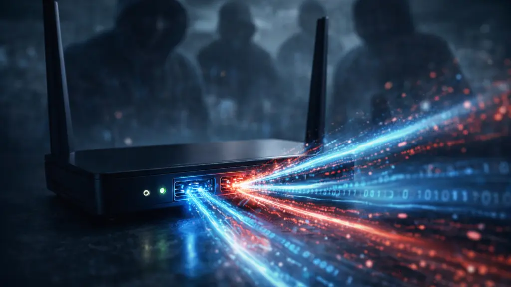 Illustration of a router with data streams and shadowy figures, representing cyberattacks exploiting networking devices