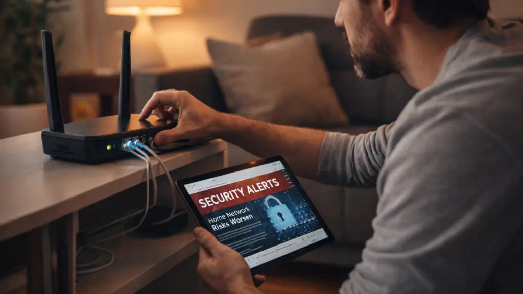 Person setting up a Wi‑Fi router and reading about router security risks, illustrating consumers’ reactions to the ban