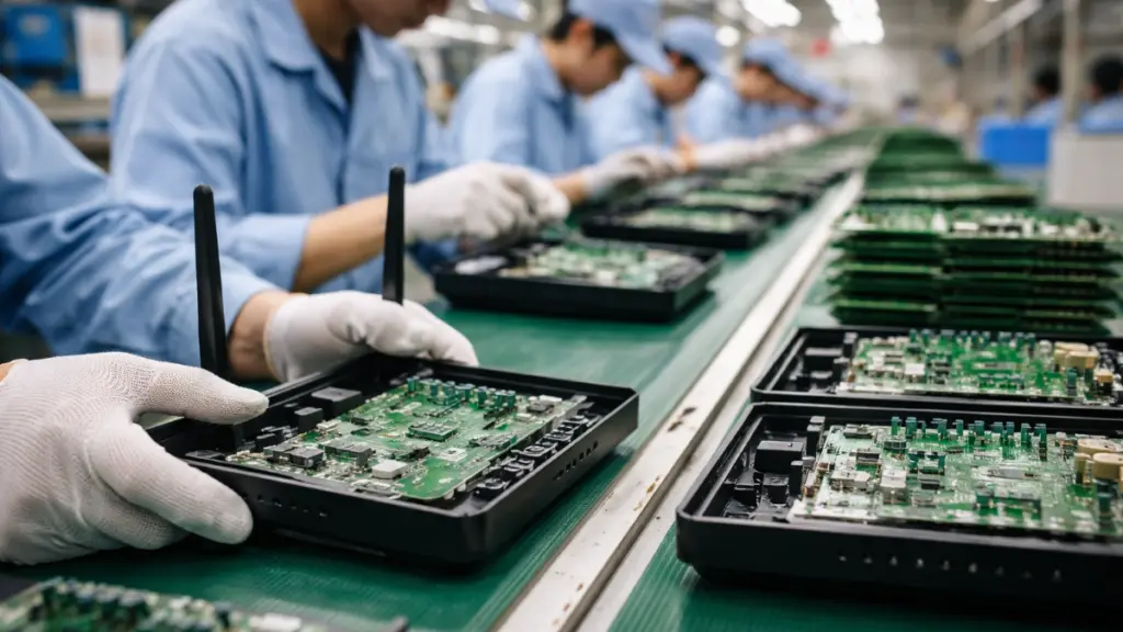 Factory workers assembling networking hardware on a production line, illustrating the foreign manufacture of consumer routers