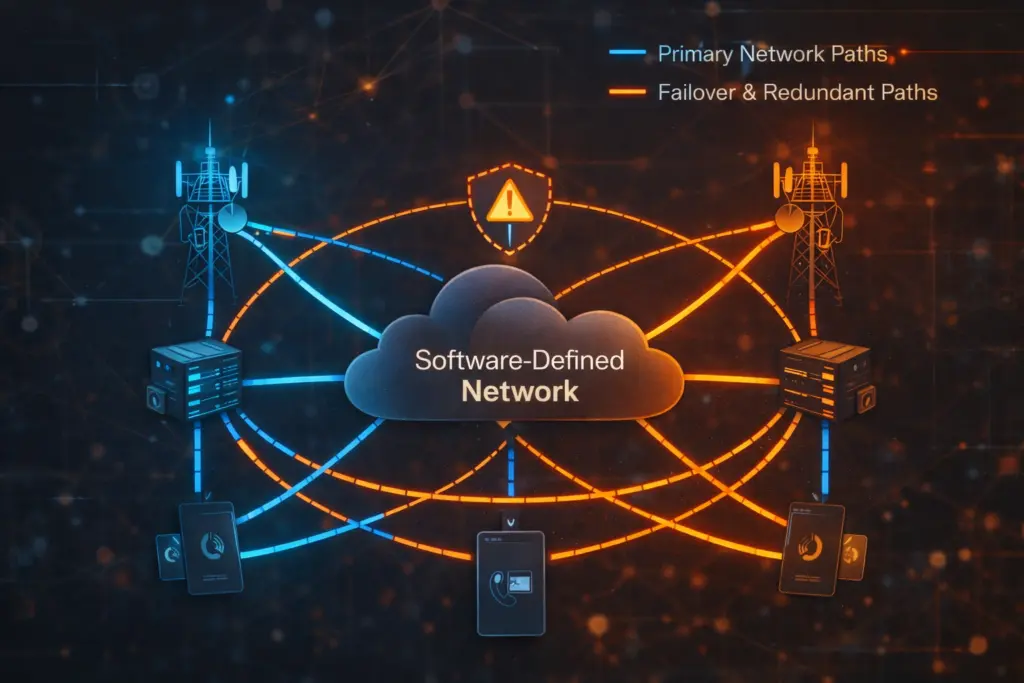 Software-defined telecom network diagram illustrating redundancy, failover paths and distributed cloud infrastructure