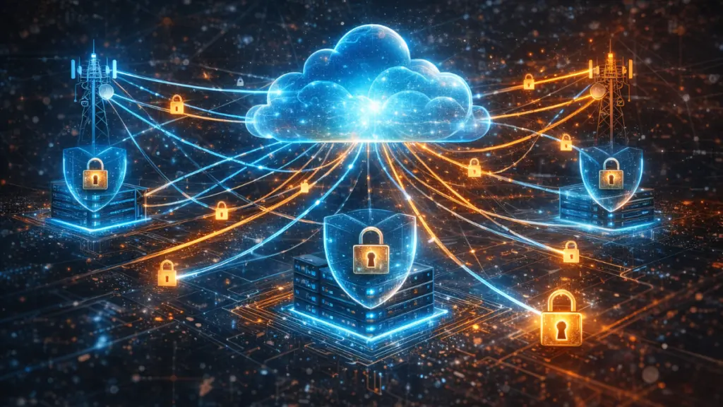 Cloud-based telecom infrastructure visualization showing secure connections, distributed nodes and resilient network architecture
