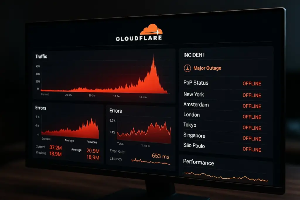 Cloudflare outage dashboard showing major outage with offline status across multiple cities and error rate spikes