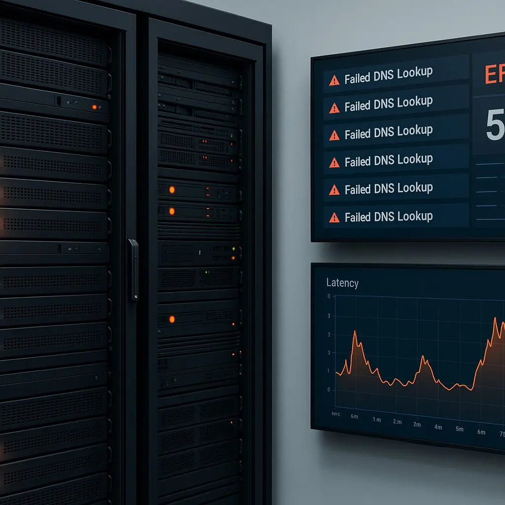 Server racks with blinking lights next to monitors displaying repeated "Failed DNS Lookup" errors and a latency spike graph