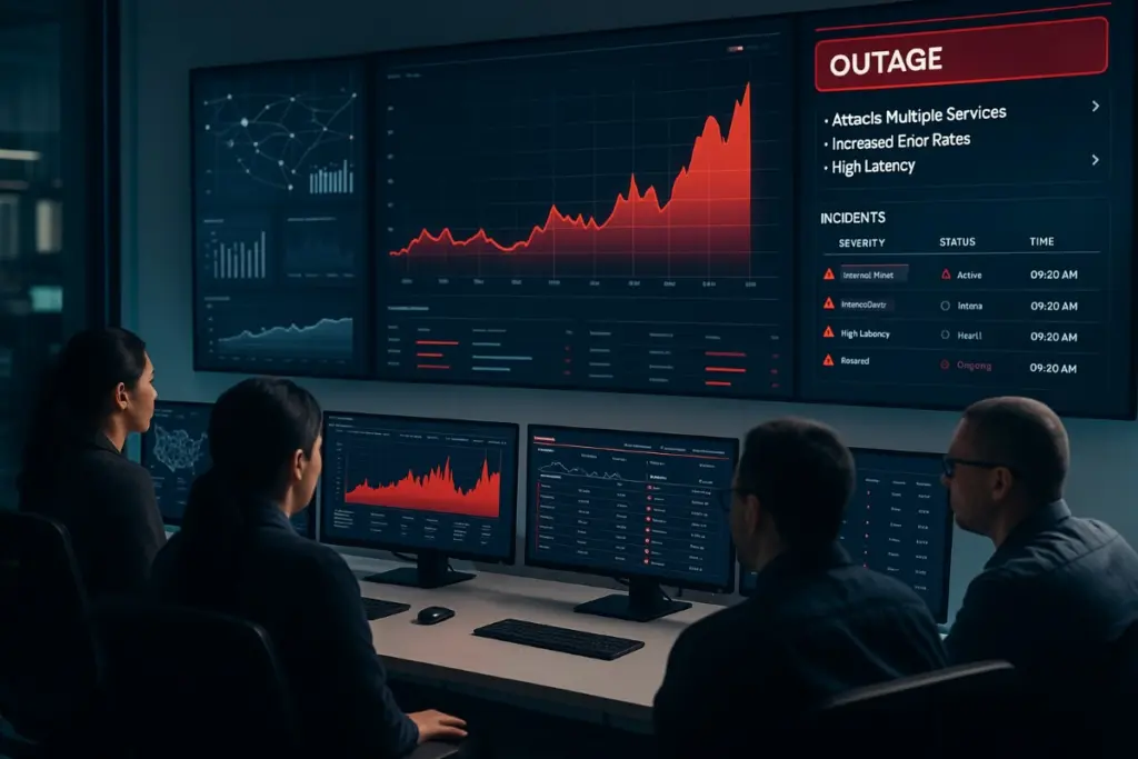 Four people monitor multiple screens displaying rising red graphs and an outage report with incident details in a dark control room