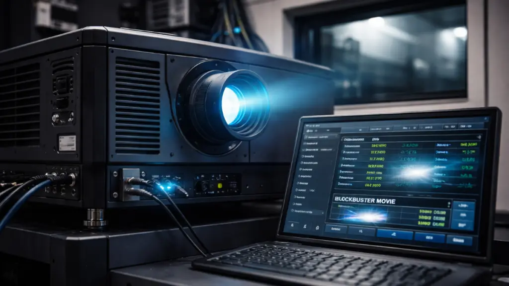 Digital cinema projection system with edge computing playback server used for encrypted film distribution