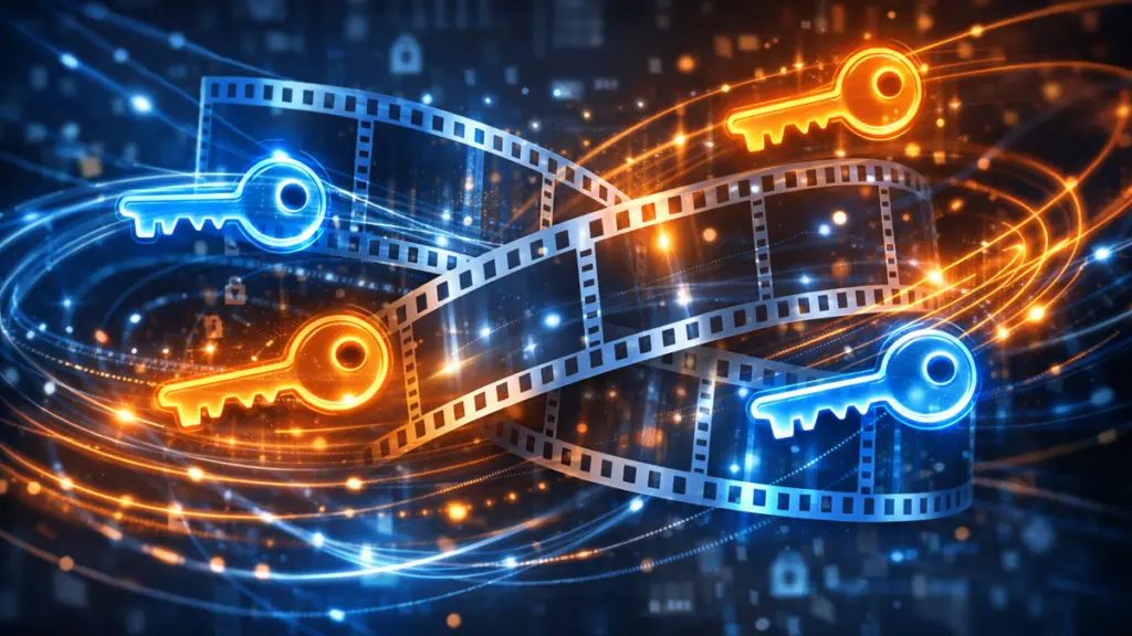 Film distribution security illustrated by encryption keys and data flows in cloud-connected cinema infrastructure