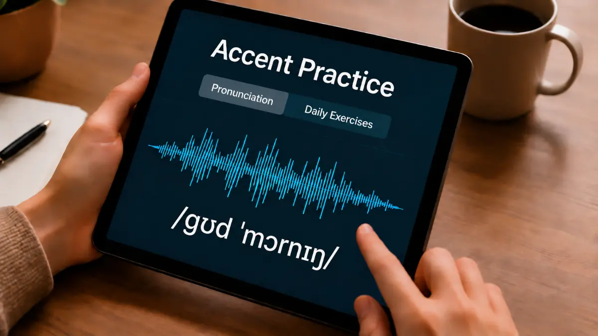 Hands holding a tablet showing an accent practice app with a sound wave and phonetic transcription of "good morning
