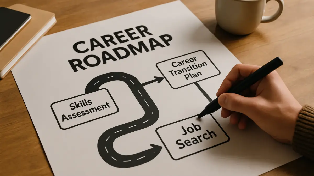 Hand writing on a paper with a career roadmap diagram showing skills assessment, career transition plan, and job search steps, next to a coffee mug