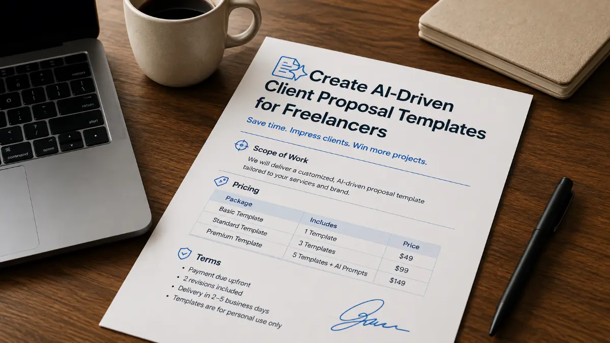 Proposal document titled "Create AI-Driven Client Proposal Templates for Freelancers" on a wooden desk next to a laptop, coffee cup, pen, and notebook