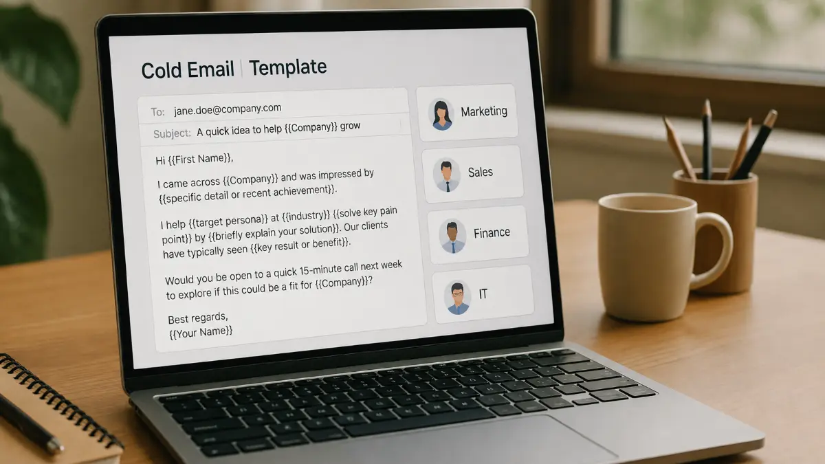 Laptop screen showing a cold email template with customizable placeholders and four recipient categories: Marketing, Sales, Finance, and IT