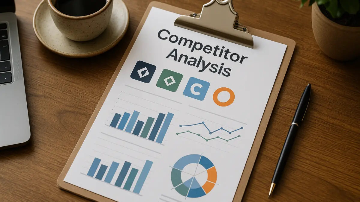 Clipboard with competitor analysis report showing charts and graphs, next to a pen, laptop, coffee cup, and plant on a wooden desk