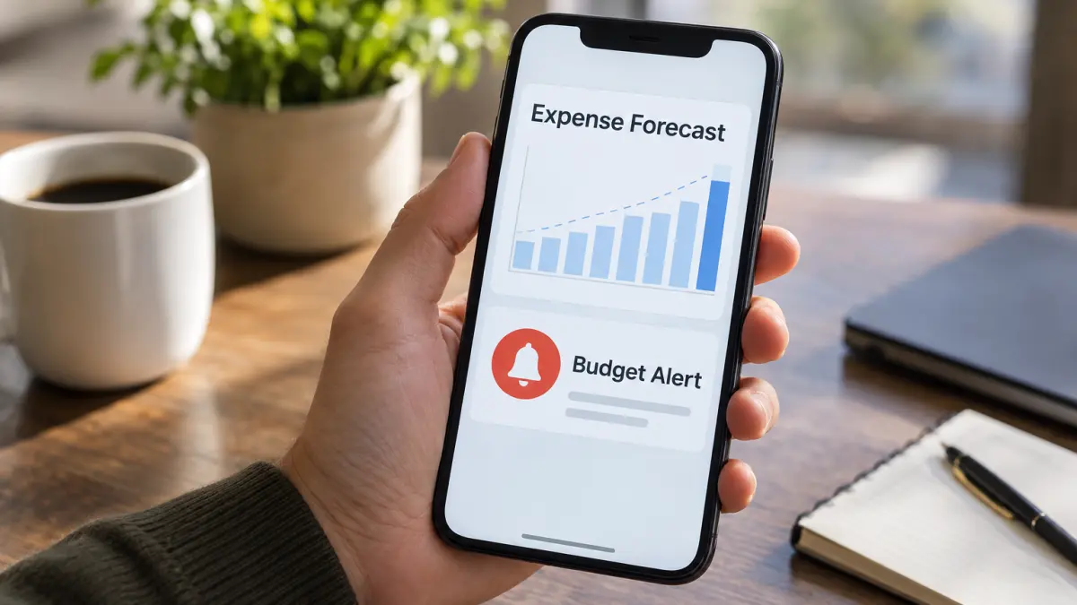 Hand holding smartphone displaying an expense forecast bar graph and a budget alert notification on the screen