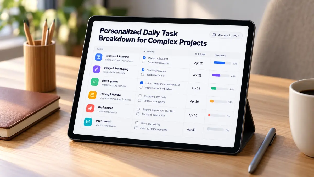 Tablet on wooden desk displaying a project task list with categories, subtasks, due dates, and progress bars, surrounded by a pen, notebook, and coffee cup