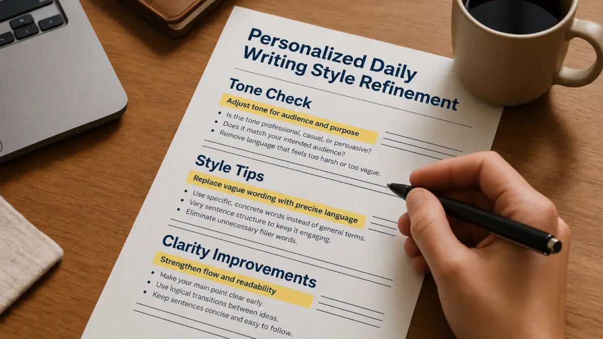 A hand holds a pen over a printed page outlining tips for personalized writing style refinement with a coffee cup and laptop nearby