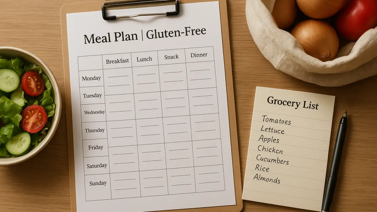 Blank gluten-free meal plan on clipboard, grocery list with items, fresh salad, and bowl of onions on wooden table