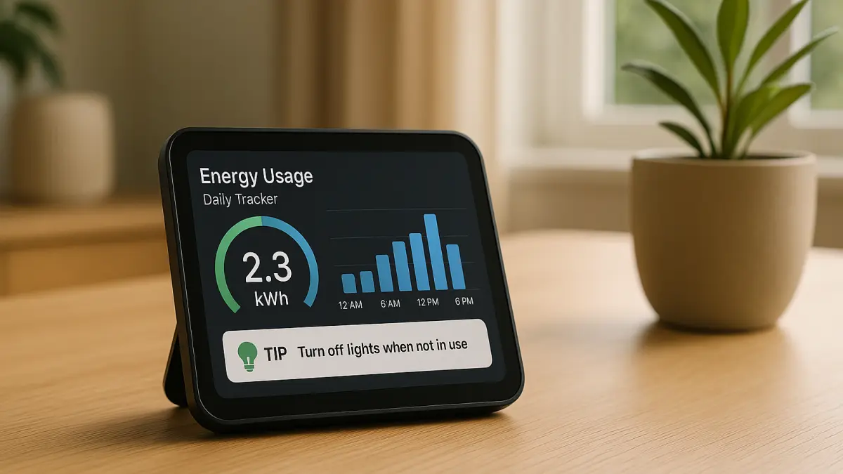 Smart home device on a table showing daily energy usage of 2.3 kWh with hourly bar graph and a tip to turn off lights