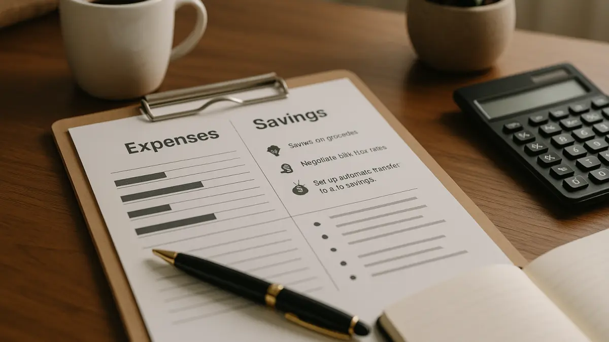 Clipboard with an expenses and savings sheet, a pen, calculator, notebook, and two coffee mugs on a wooden table