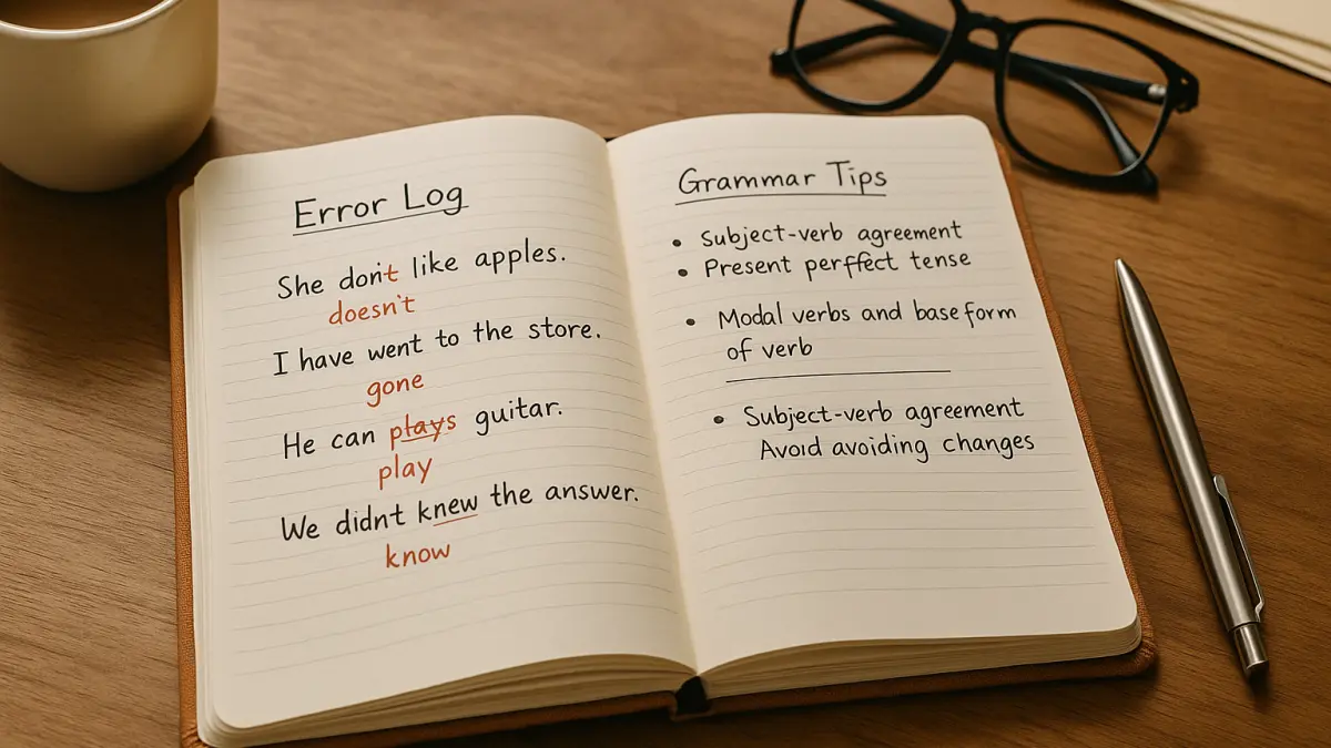 Open notebook with handwritten language error corrections on left page and grammar tips on right, next to pen and glasses