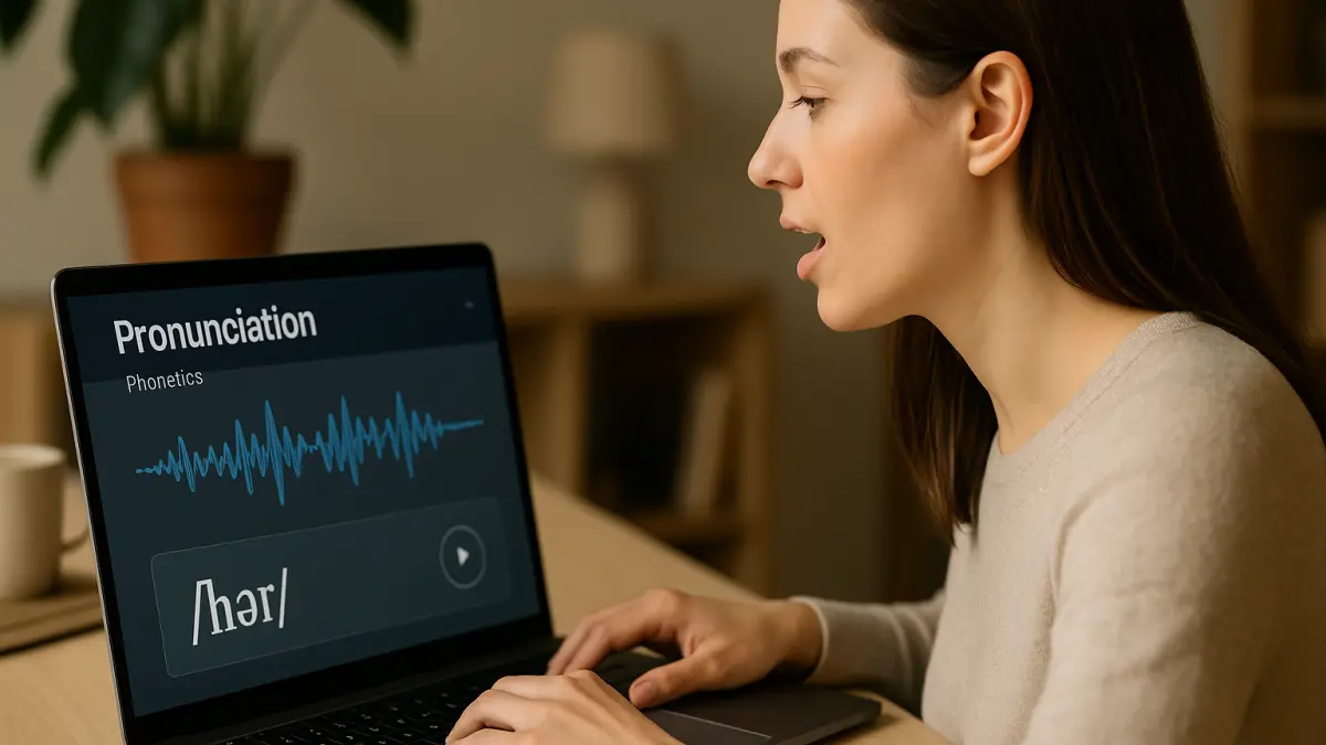 Woman practicing pronunciation with phonetic transcription and sound wave display on laptop screen