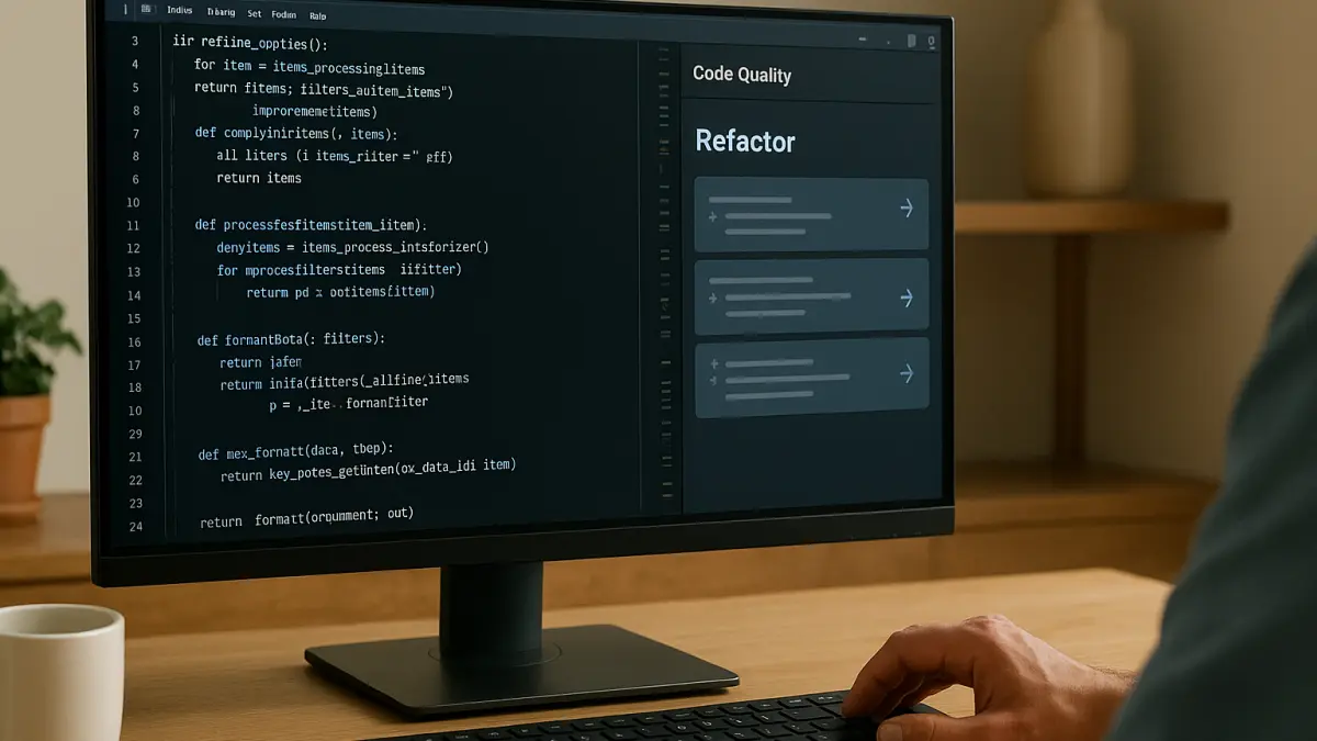 Desktop monitor displaying Python code and a sidebar titled "Code Quality" with "Refactor" suggestions, hands on keyboard visible
