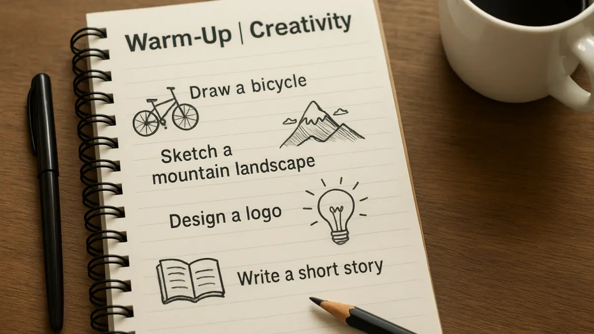 Notebook page with creativity exercises: draw a bicycle, sketch a mountain, design a logo, write a short story, with pen and coffee nearby