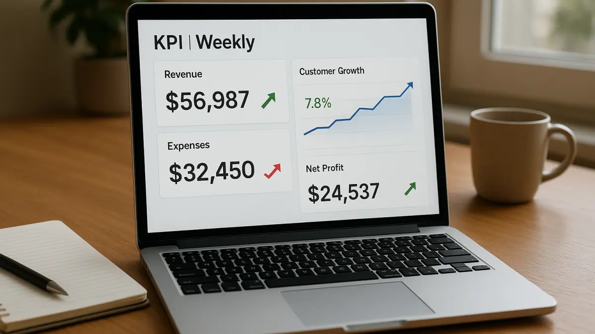 Laptop screen showing a weekly KPI dashboard with revenue, expenses, customer growth, and net profit metrics on a wooden desk