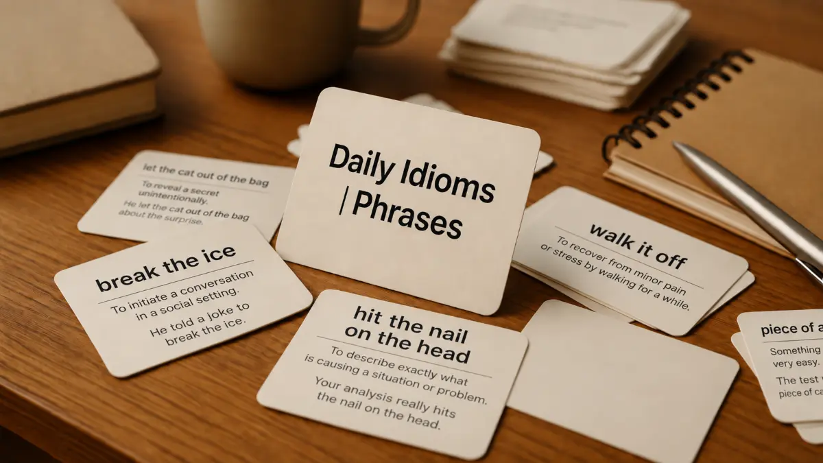 Flashcards with common English idioms and their definitions spread out on a wooden table with a notebook and pen nearby